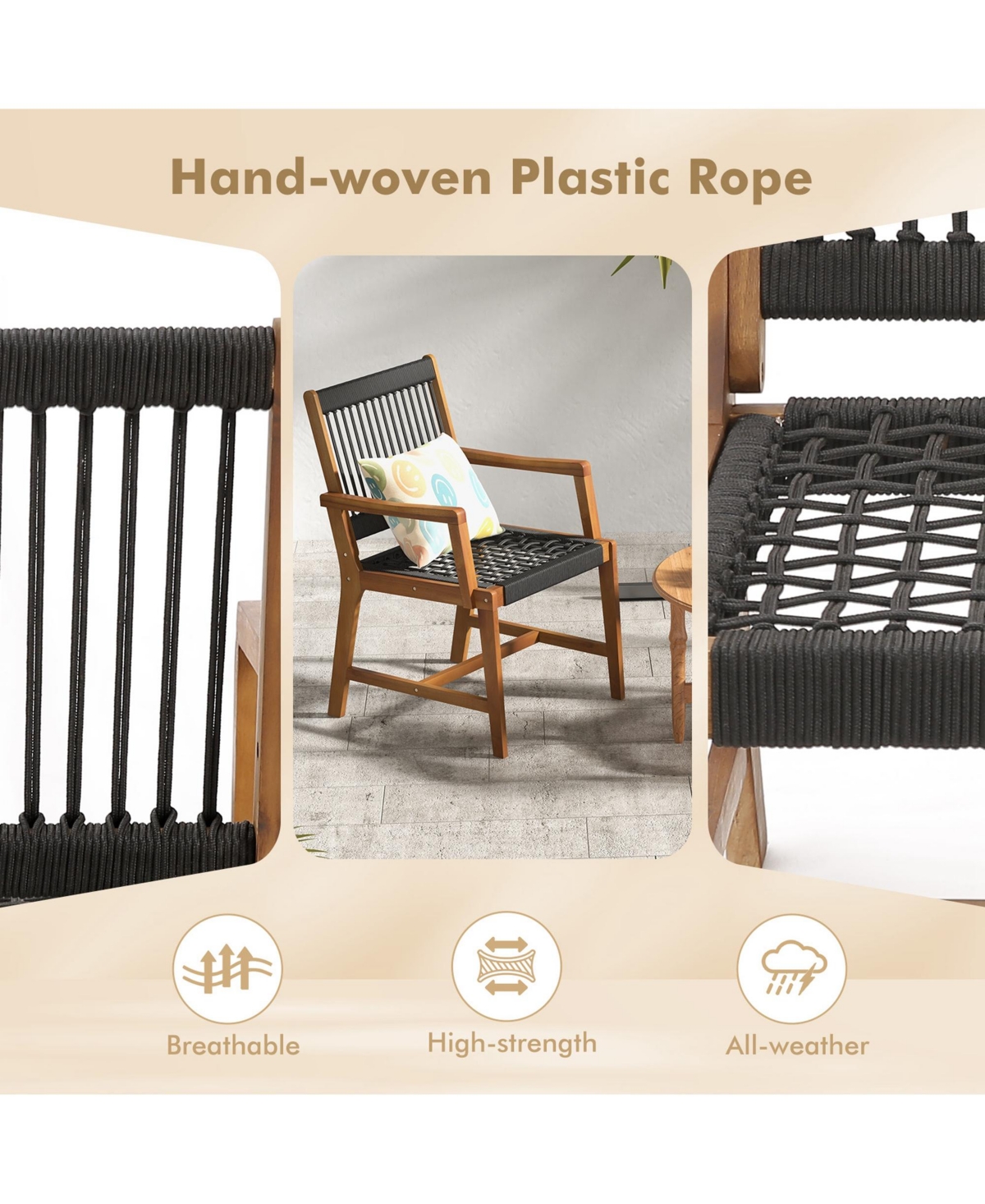 Patio 2pcs Acacia Wood Dining Chairs All-Weather Rope Woven Armchairs Outdoor