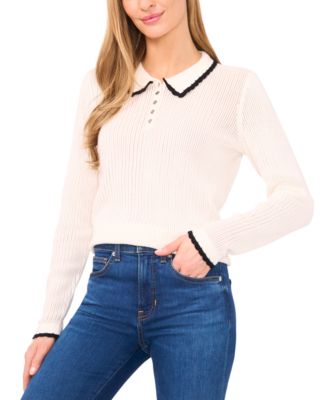 CeCe - Women's Pointelle Knit Long Sleeve Trim Polo Sweater