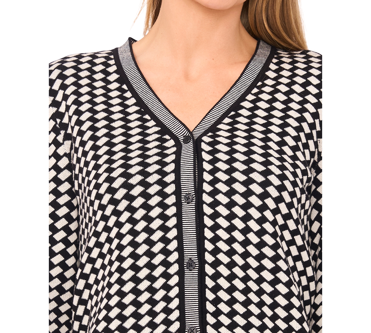 Cece Women's Geo Pattern Jaq Button Up Cardigan Sweater In Black