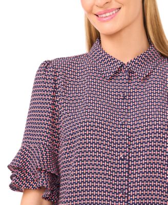 Women's Button Up Collared Elbow Ruffle Sleeve Top