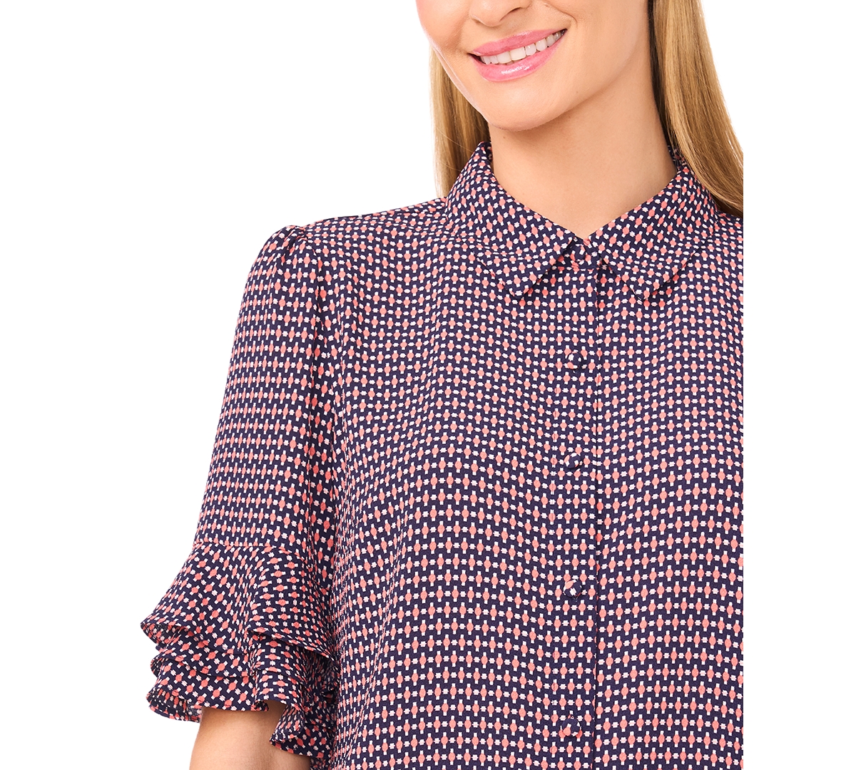 Cece Women's Button Up Collared Elbow Ruffle Sleeve Top In Purple