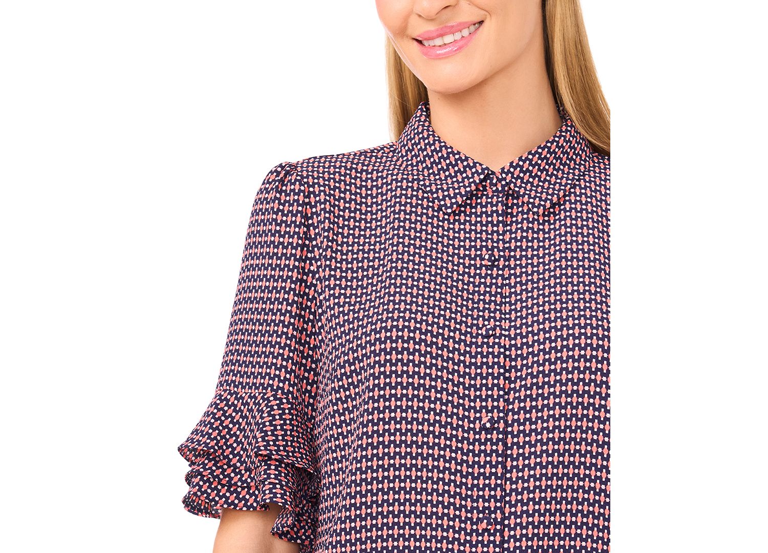 Women's Button Up Collared Elbow Ruffle Sleeve Top