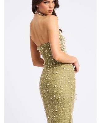 Women's Ginny Pear Green Pearl Embellished Backless Gown