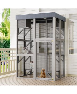 70.5 in. H Outdoor Wooden Cat Enclosure with 6 Jumping Platforms 2 Napping Houses Movable tarp cover in Gray