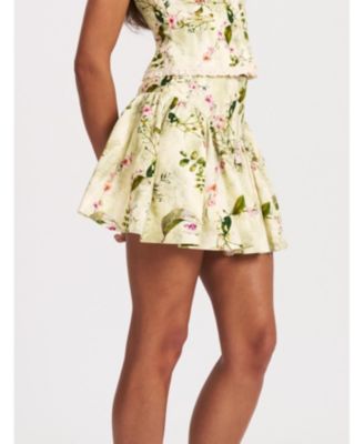 Women Zanelle Green Floral Print Drop Waist Linen Full Skirt