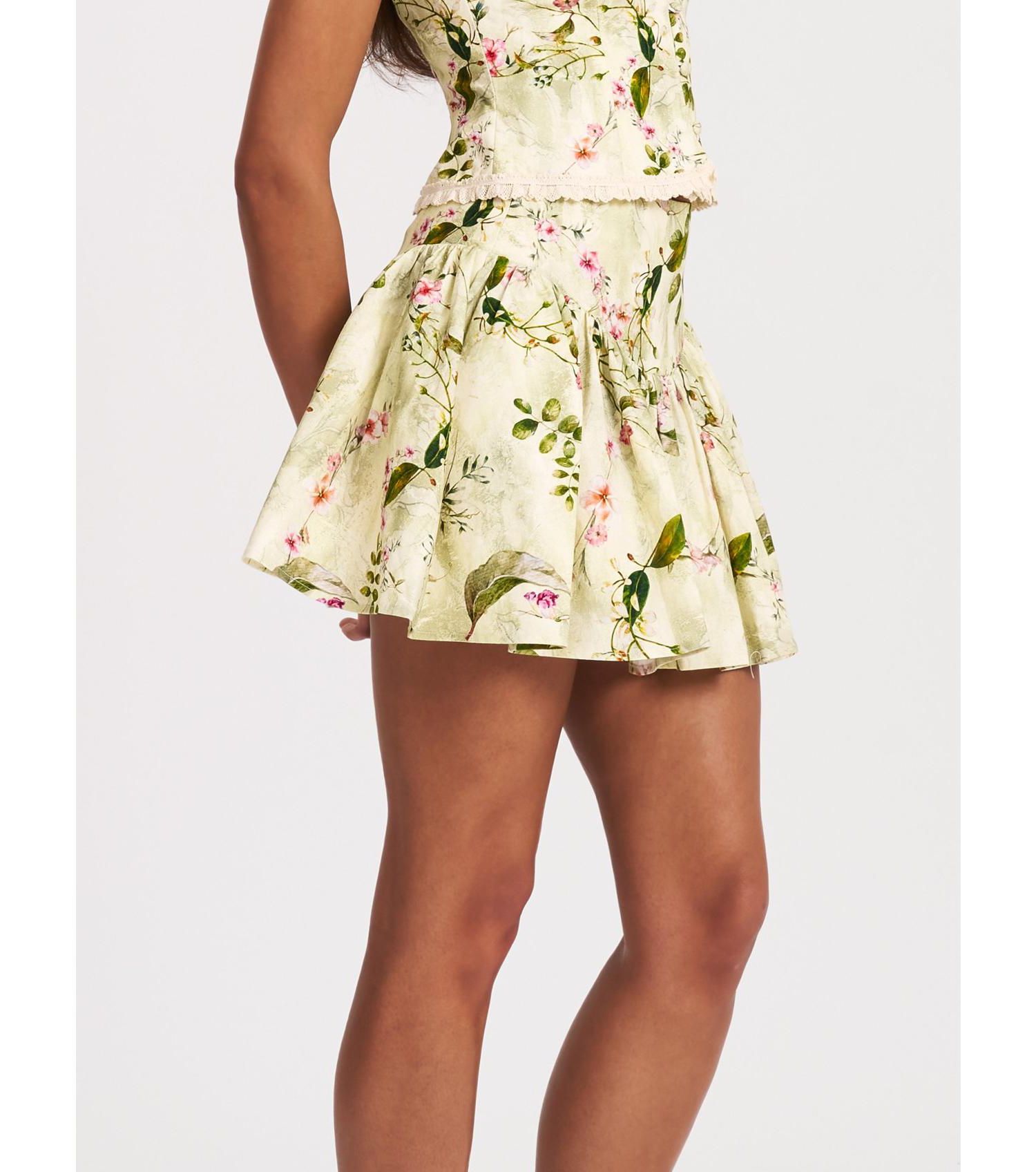 Women Zanelle Green Floral Print Drop Waist Linen Full Skirt