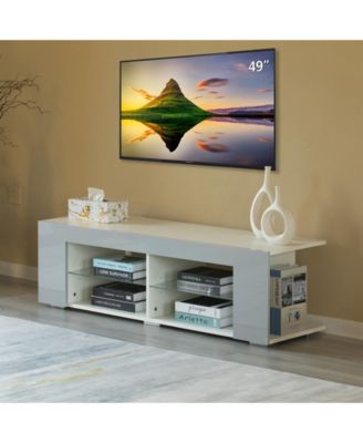 White Entertainment TV Stand with LED Lights and Glass Shelves with UV Frame