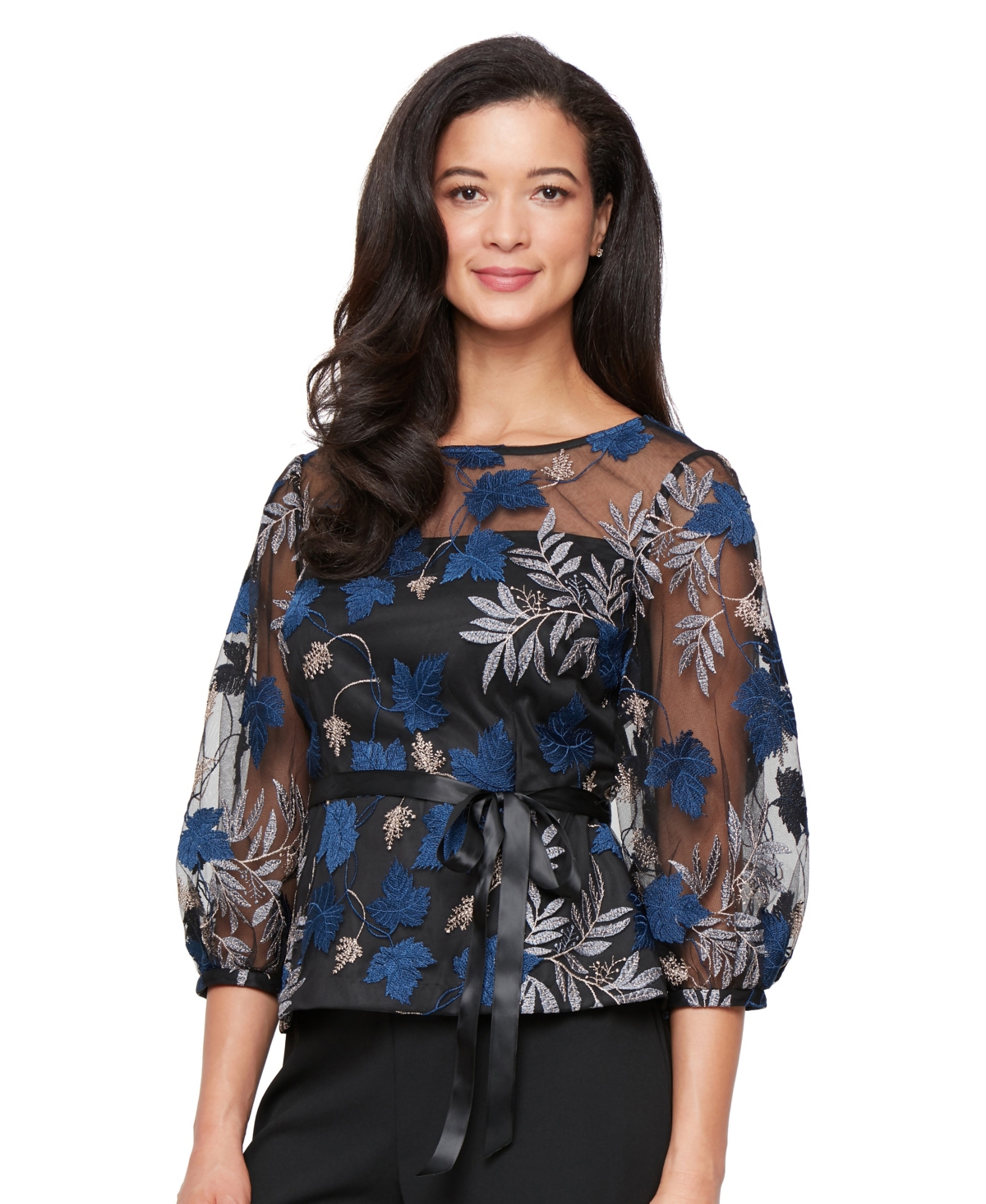 Alex Evenings Women's 3/4-sleeve Embroidered Blouse In Black