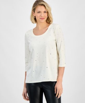 Women's Rhinestone Embellished Cotton 3/4-Sleeve Top, Macy's Exclusive