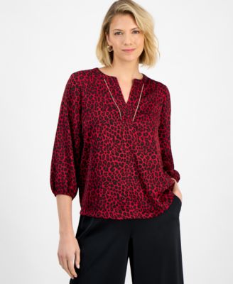 JM Collection - Women's Cheetah-Print Embellished-Neck Blouse