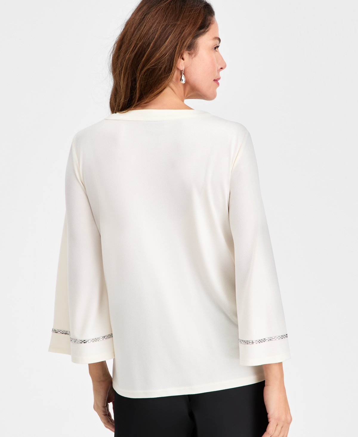 Jm Collection Petite Embellished V-neck Knit Top In White