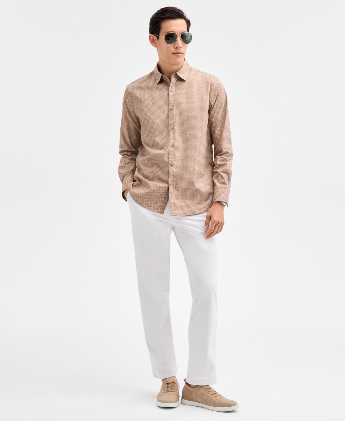 Alfani Men's Long Sleeve Basket-weave Button-front Shirt, Macy's Exclusive In Brown