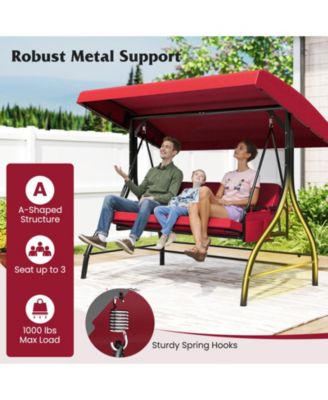 3-Seat Patio Swing w/ Canopy & Removable Cushions & Side Pockets Stand