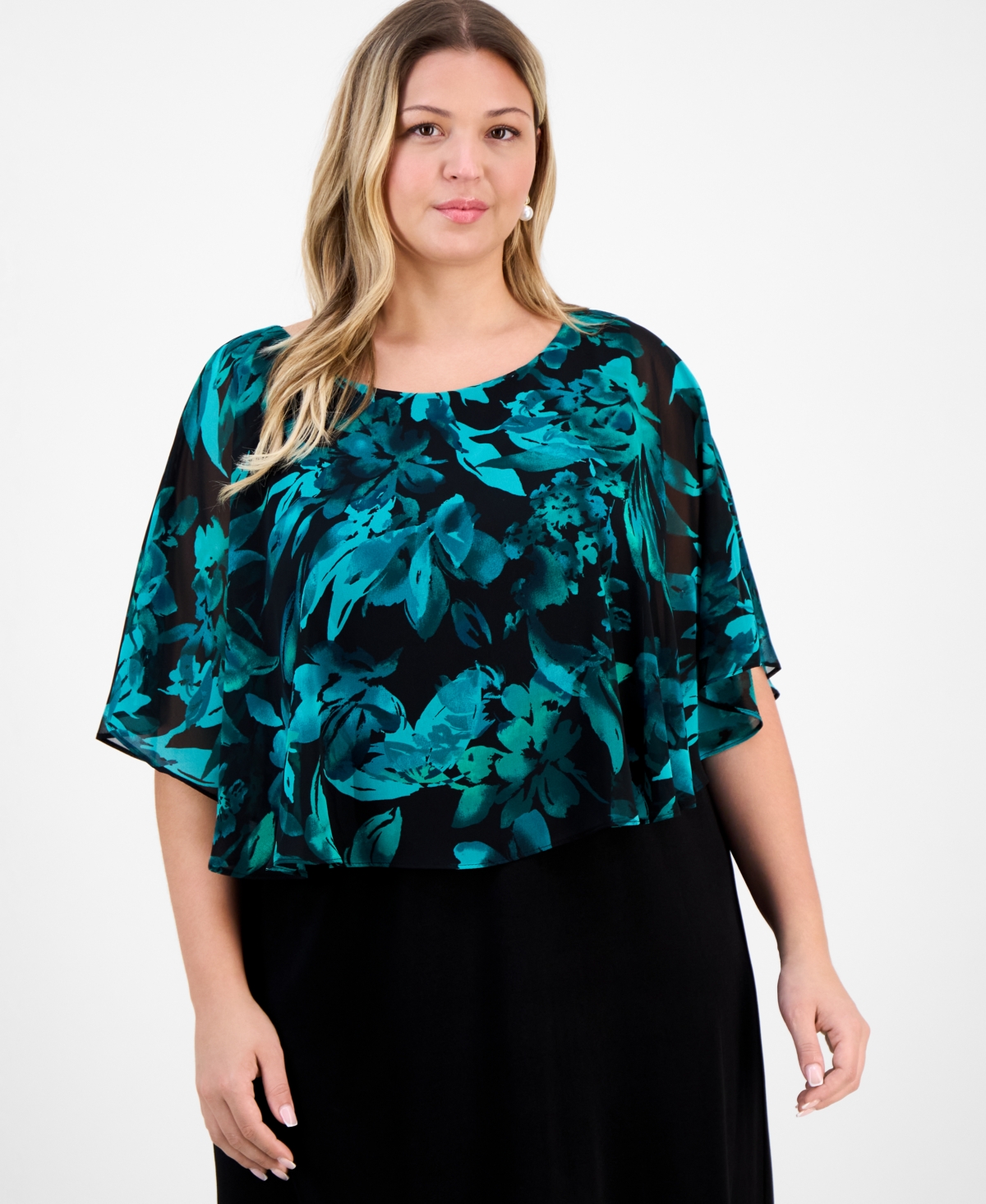 Connected Plus Size Short-sleeve Cape Overlay Jersey Dress In Multi