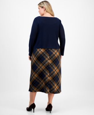 Plus Size Sweater-Top Plaid-Skirt Dress