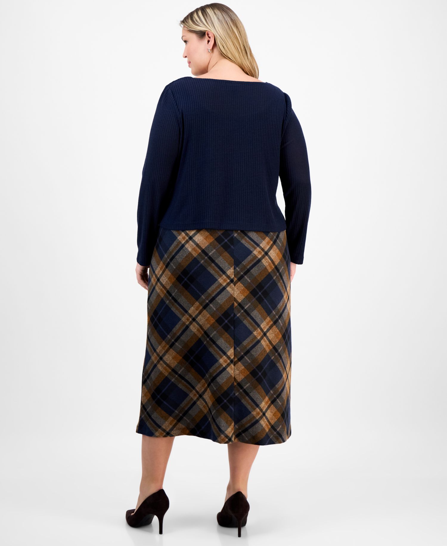 Plus Size Sweater-Top Plaid-Skirt Dress