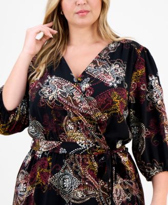 Plus Size Woven Long-Sleeve Tie-Waist Dress