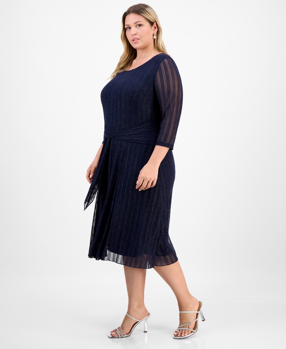 Connected Plus Size Mesh Long-sleeve Round-neck Dress In Blue