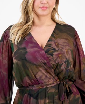 Plus Size Long-Sleeve Printed Mesh A-Line Dress