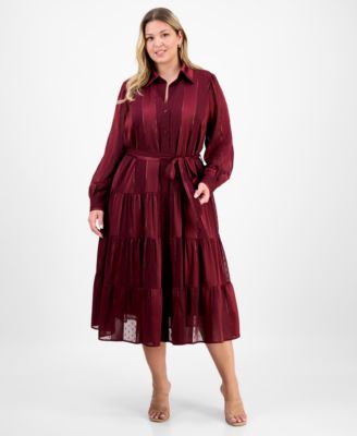 Robbie Bee - Plus Size Long-Sleeve Satin Stripe Shirtdress