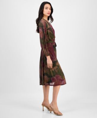 Petite Long-Sleeve Printed Mesh Midi Dress