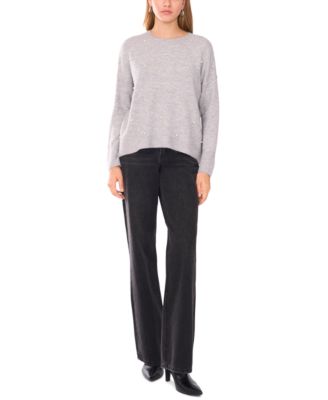 Women's Crewneck Embellished Pearl Long-Sleeve Sweater