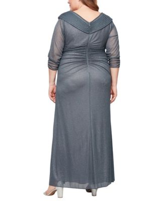 Plus Size Long Portrait Collar Glitter Smoke 3/4-Sleeve A-Line Dress