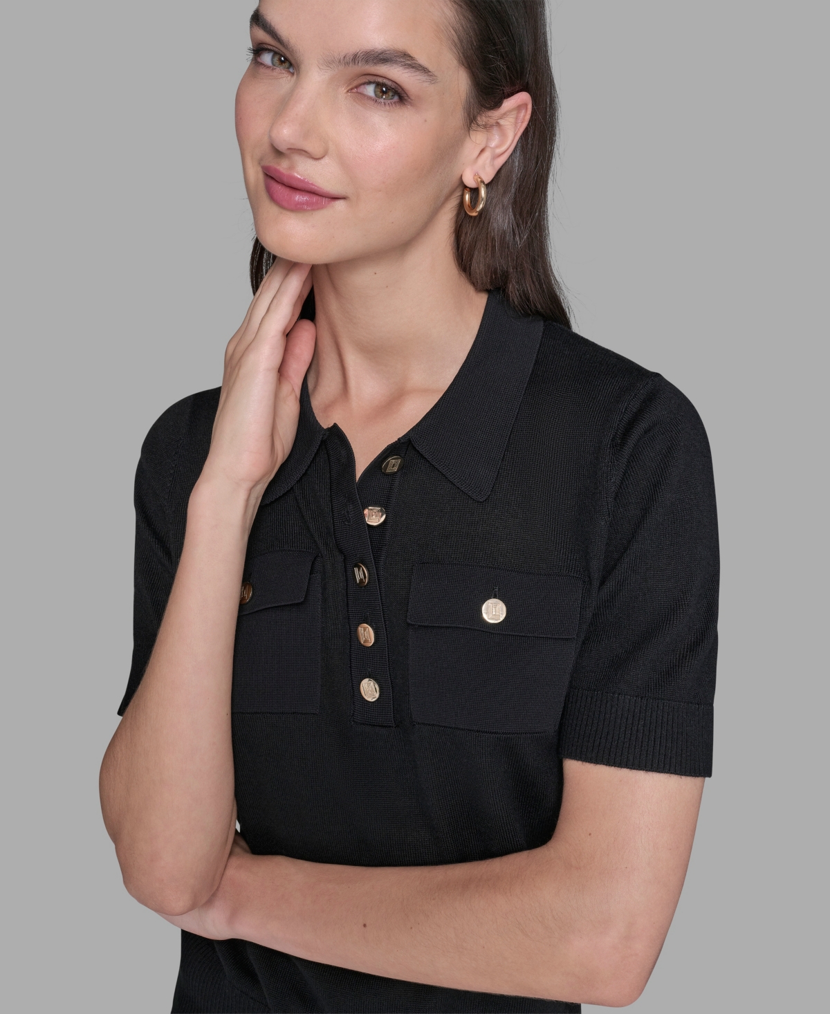 Karl Lagerfeld Women's Short-sleeve Button-front Sweater In Black