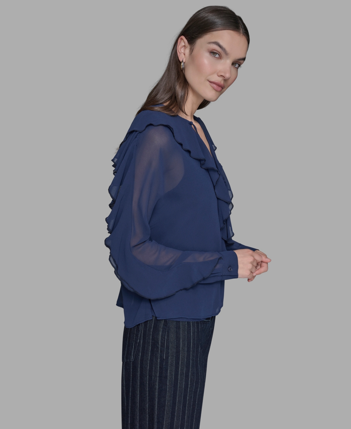 Karl Lagerfeld Loose Ruffle Blouse In Blue