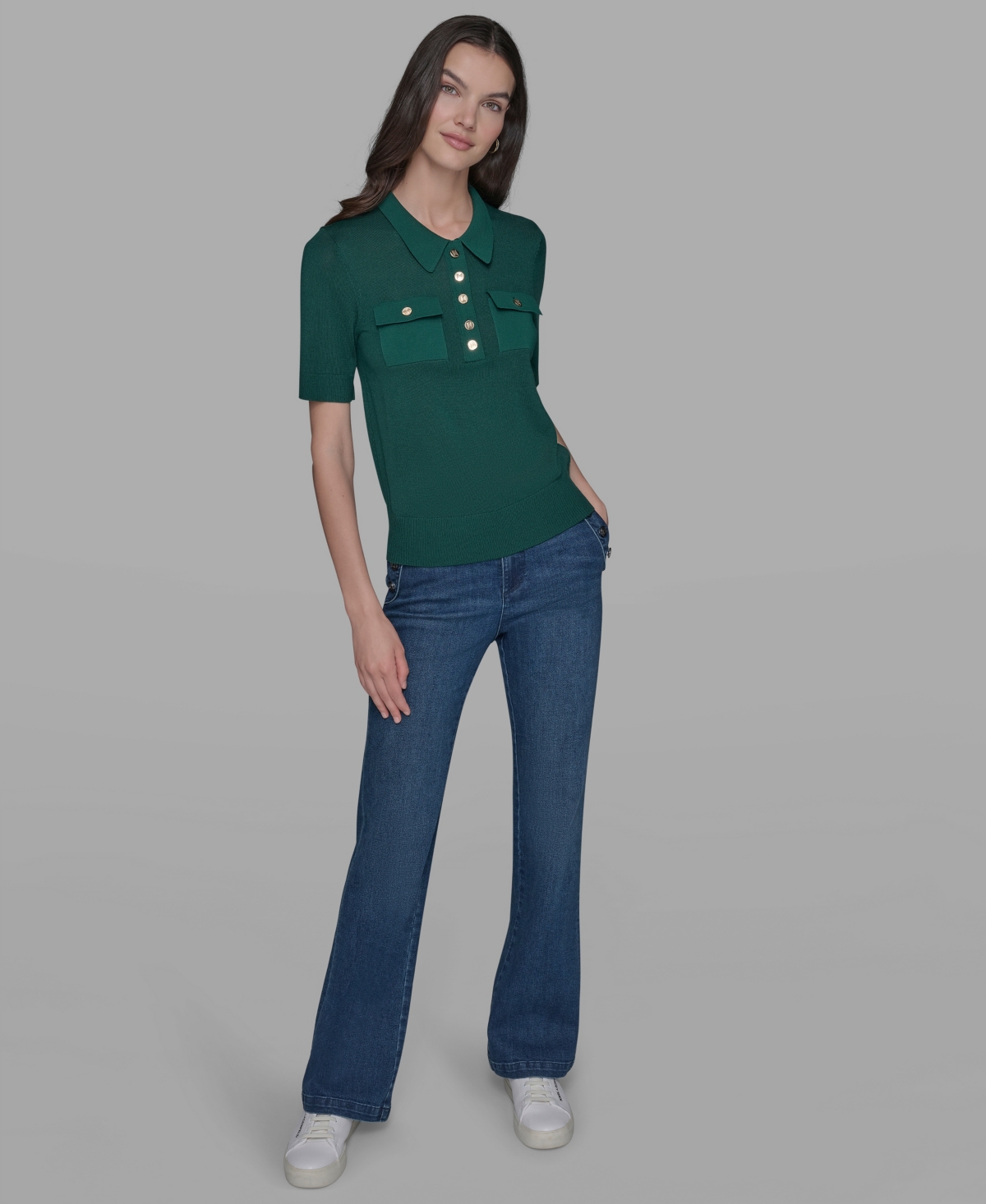 Karl Lagerfeld Women's Short-sleeve Button-front Sweater In Green