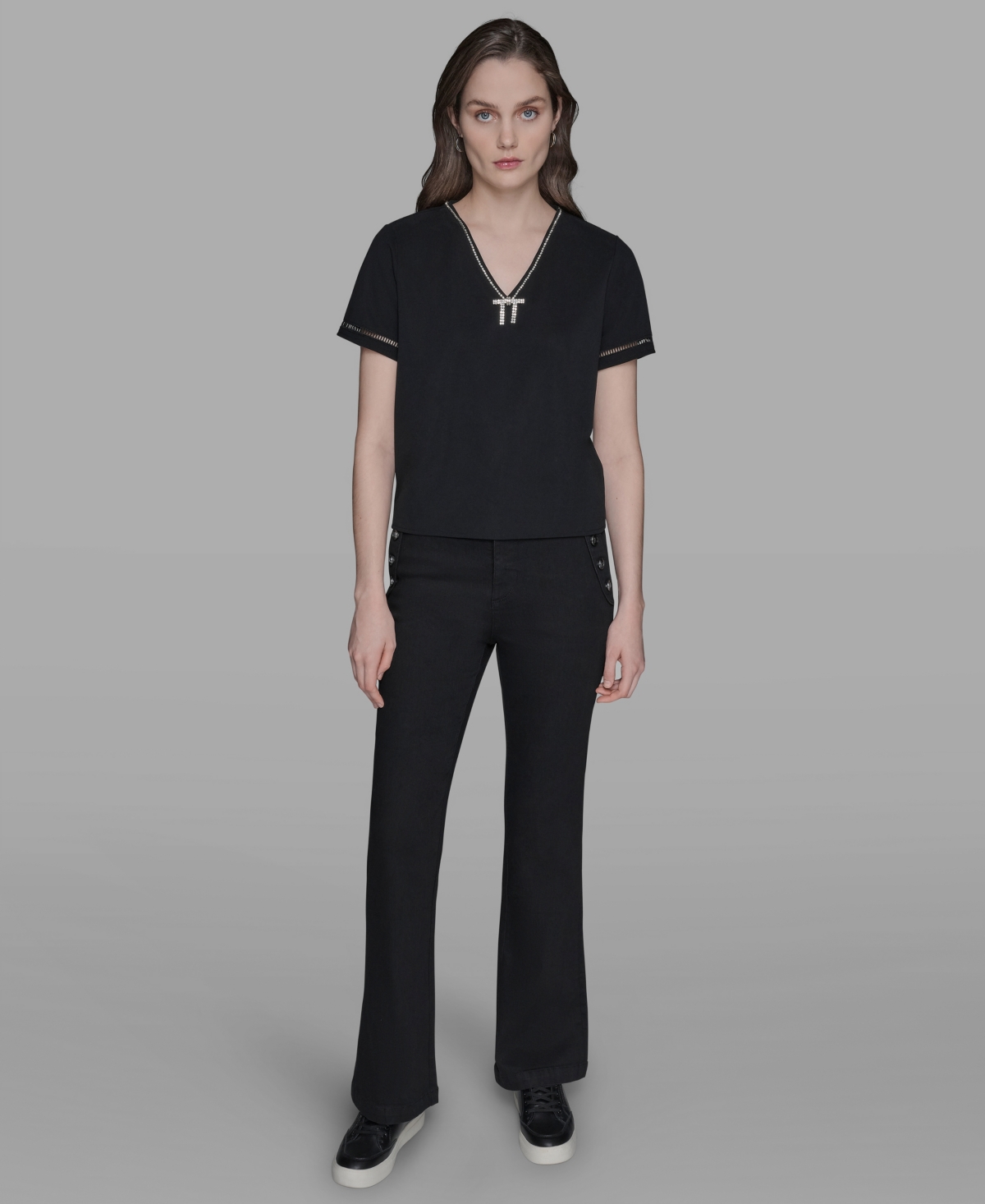 Karl Lagerfeld Women's Sparkle-bow V-neck Knit Top In Black