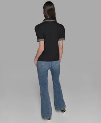 Women's Short Sleeve Tweed Trim Knit Top