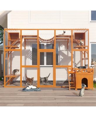 118 in. Outdoor Wooden Cat house Cat shelves with Window Box in Natural