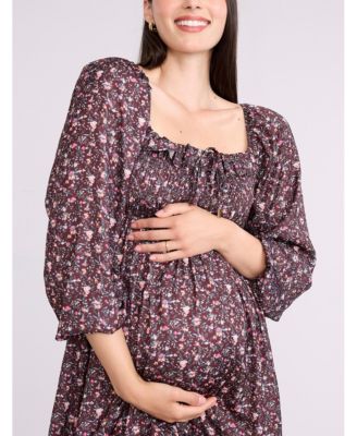 Women's Smocked Babydoll Long Sleeve Mini Dress - Motherhood Maternity