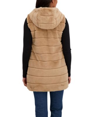 Women's Hooded Grooved 3/4 Faux Fur Vest