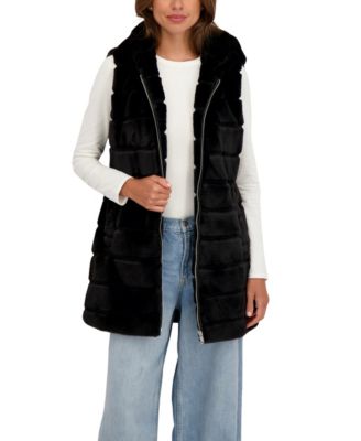 Women's Hooded Grooved 3/4 Faux Fur Vest