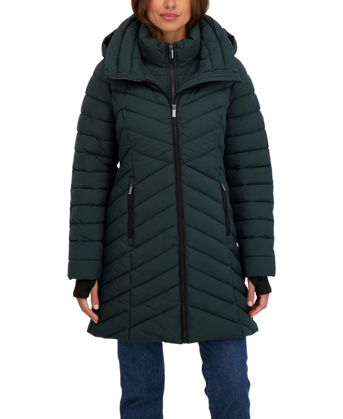 Sebby Collection Women's 3/4 Hooded Stretch Puffer with Bib - Emerald