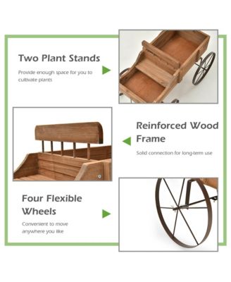 Garden Plant Planter Wooden Wagon Planter W/ Wheel Garden Yard