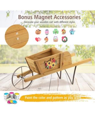 Wooden Wagon Planter Decorative Indoor/ Outdoor Rustic Flower Cart w/ Wheel