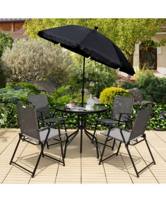 6PCS Patio Garden Dining Set w/ Round Table & 4 Folding Chairs &  Umbrella