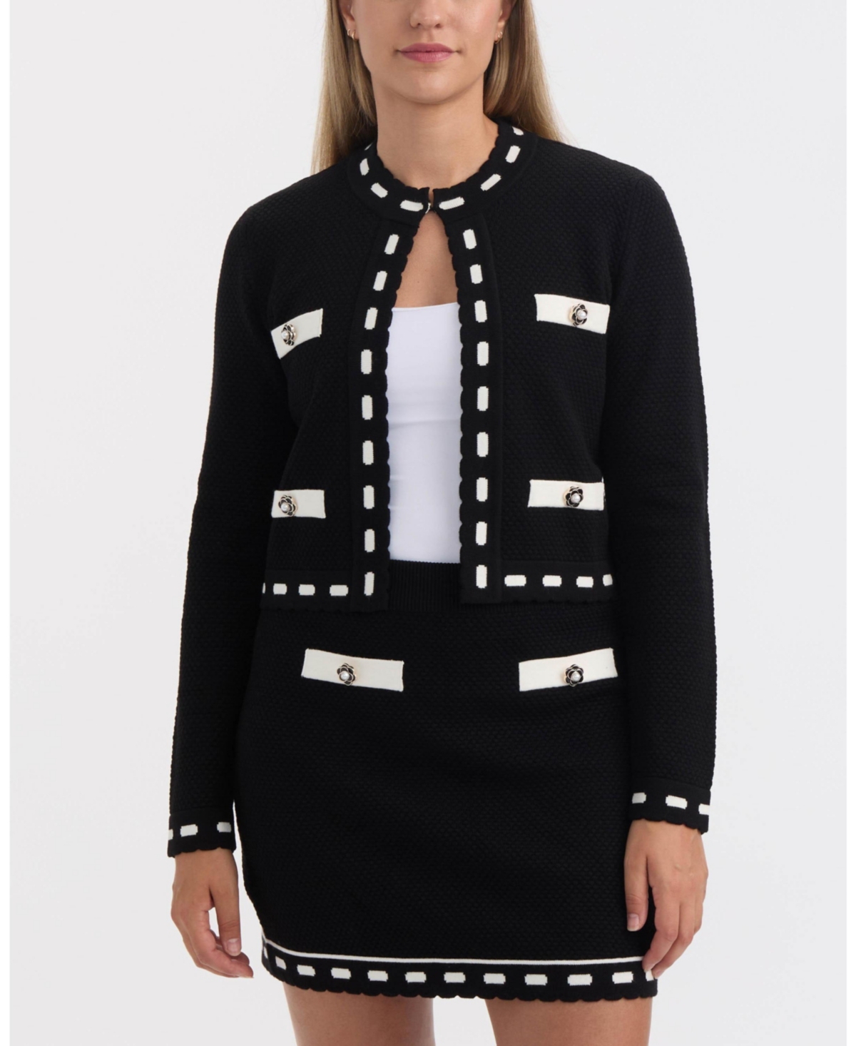Ellen Tracy Seed Stitch Trim Crop Cardigan In Black