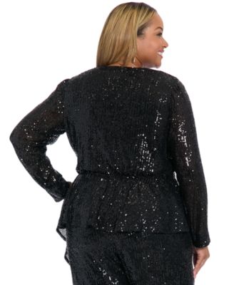 Plus Size Sequin Long Sleeve Twist Wrap Top