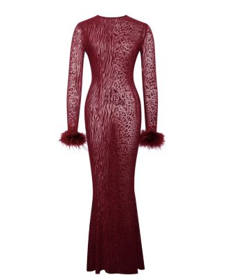 Women's Patricia Burgundy Leopard Burnout Velvet Mesh Backless Maxi Dress