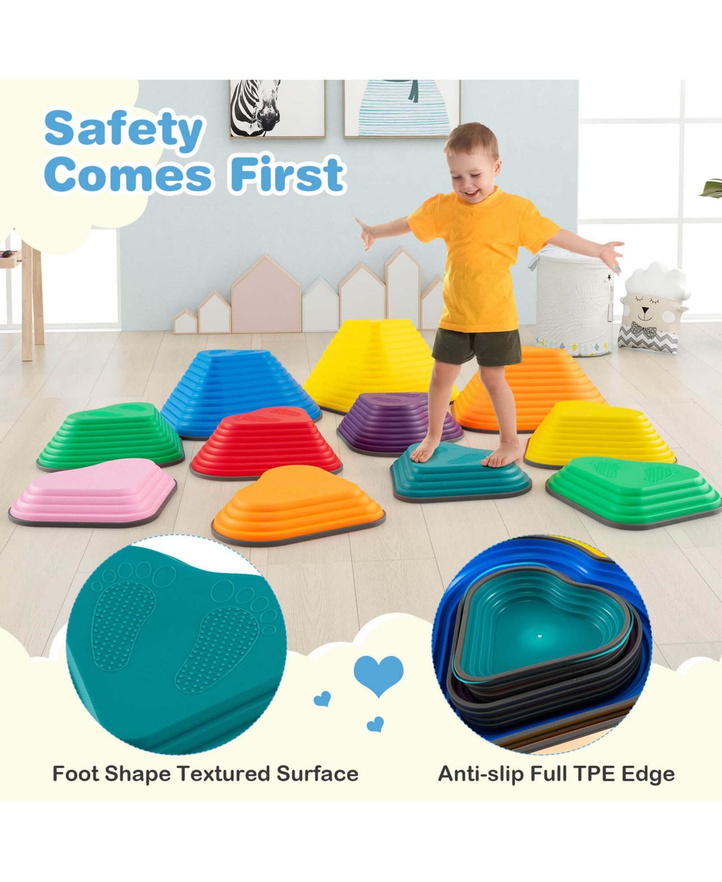Детские игрушки Costway Heart-Shaped Non-Slip Stepping Stones, 11-Piece Set, Ages 3+, цвет: Жёлтый — фото 6