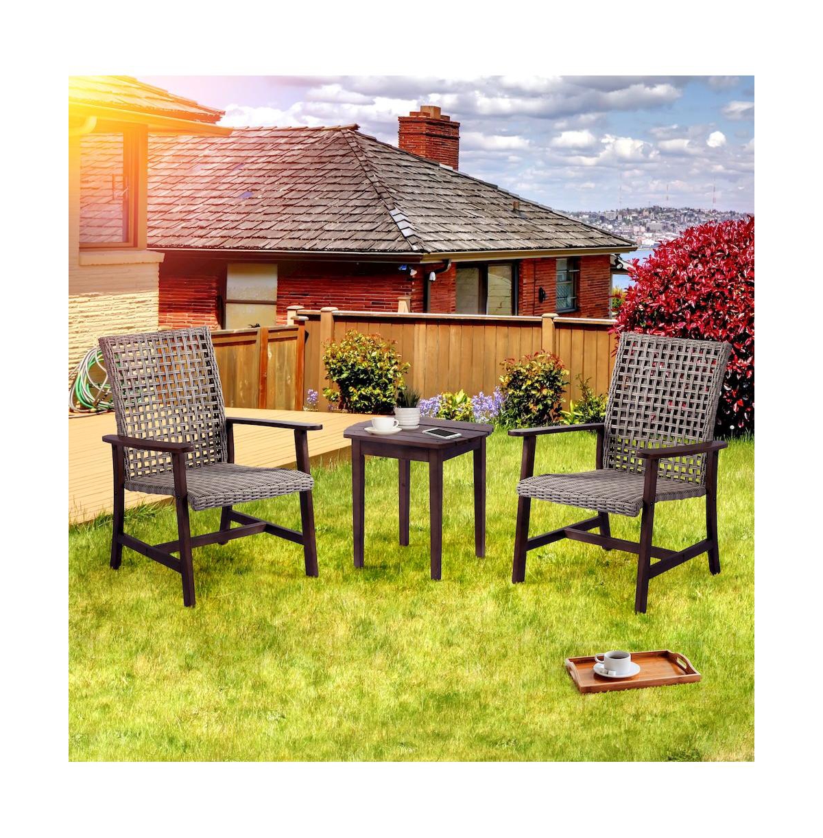 Jiallo Pine Wood And Wicker Rattan - Chat Set Armchair And End Table