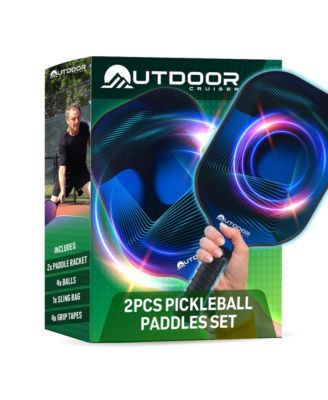 Outdoor Cruiser pickleball set with 2 USAPA approved fiberglass paddles, 4 balls, grip tapes & carry bag—lightweight & durable design