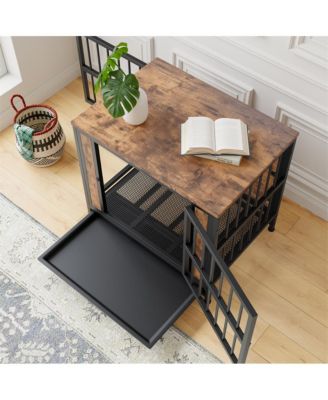 27.48'' Rustic Brown Wooden Dog Crate Table Sliding Doors Thick Iron Frame Indoor