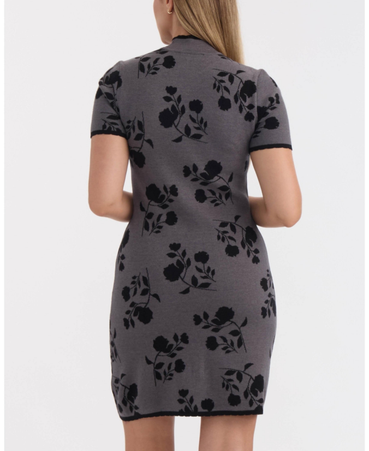 Ellen Tracy Floral Jacquard Short Sleeve Sweater Dress In Gray