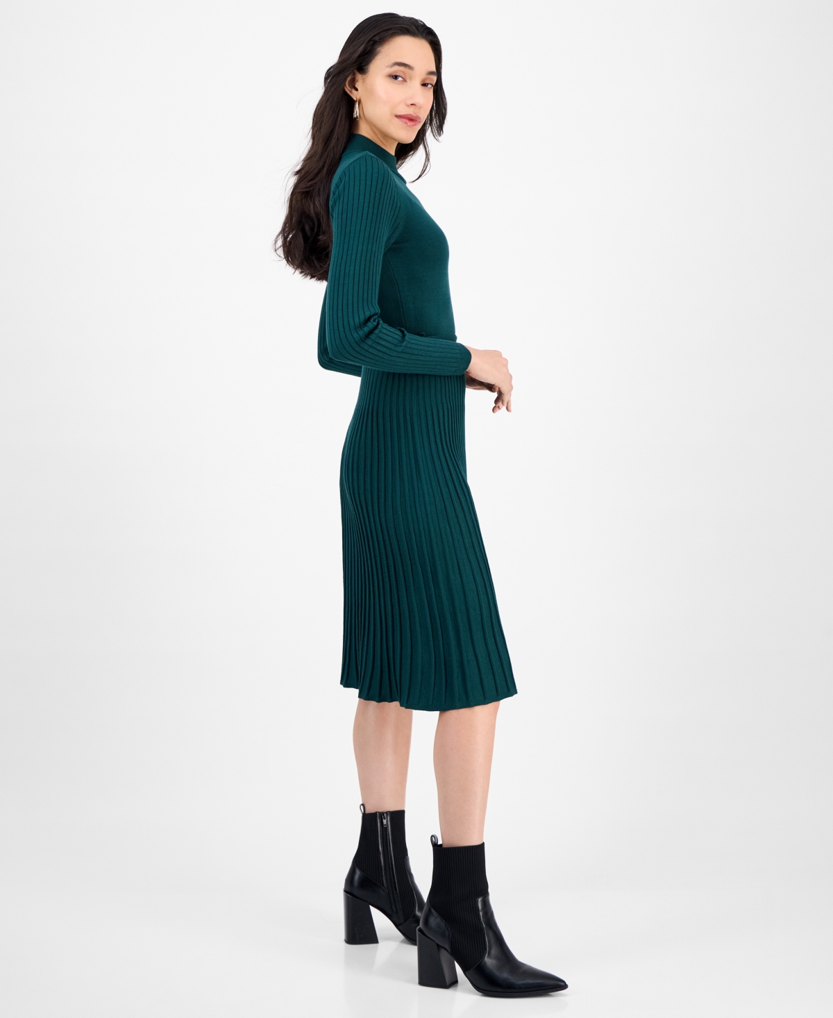 Sandra Darren Petite Pleated Midi Sweater Dress In Green