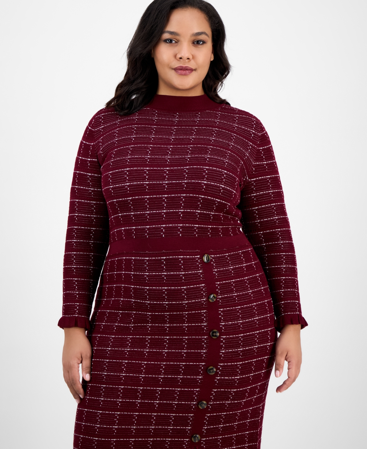 Sandra Darren Plus Size Checkered-knit Sweater Dress In Burgundy